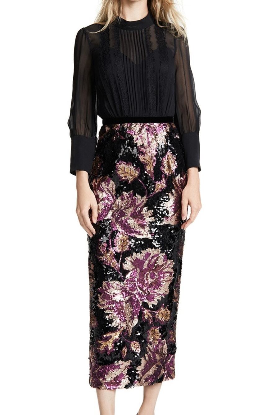 Marchesa Notte Black Chiffon & Metallic Floral Sequin Midi Gown